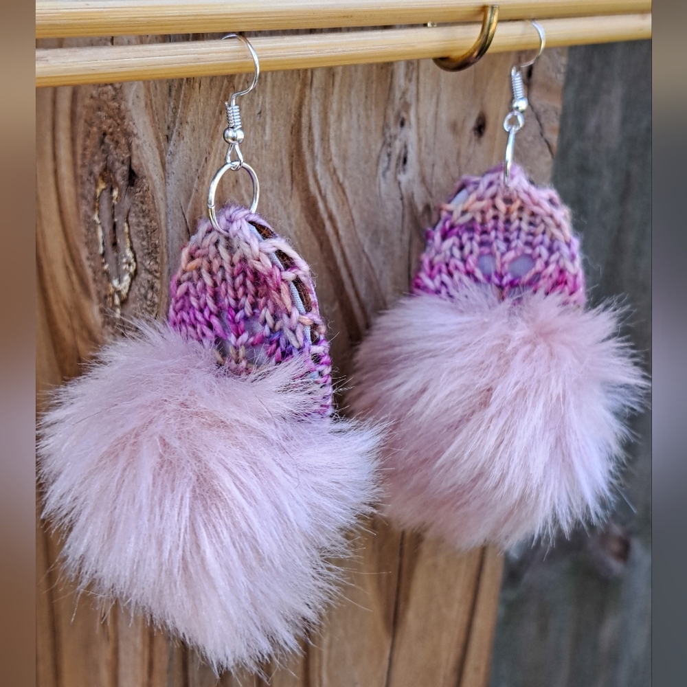 Pink Knit and Fur Pom Pom Earrings